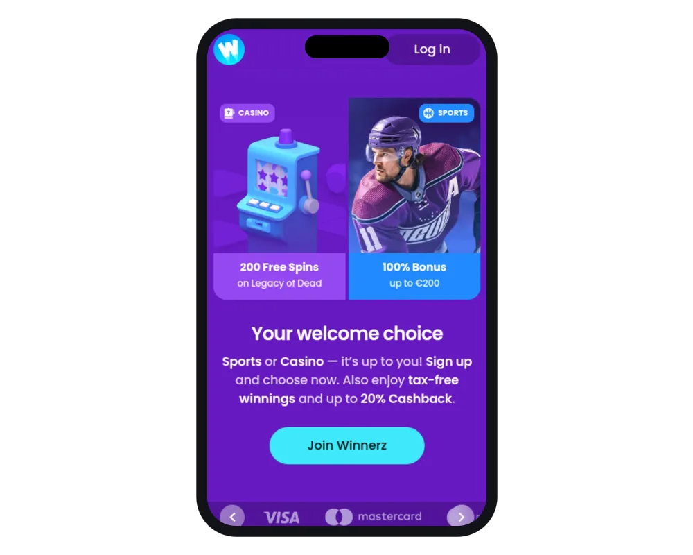 Winnerz Casino i mobilen, skärmdump av startsidan